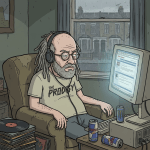 Man with dreadlocks wearing a Prodigy t-shirt and headphones sitting at a computer.